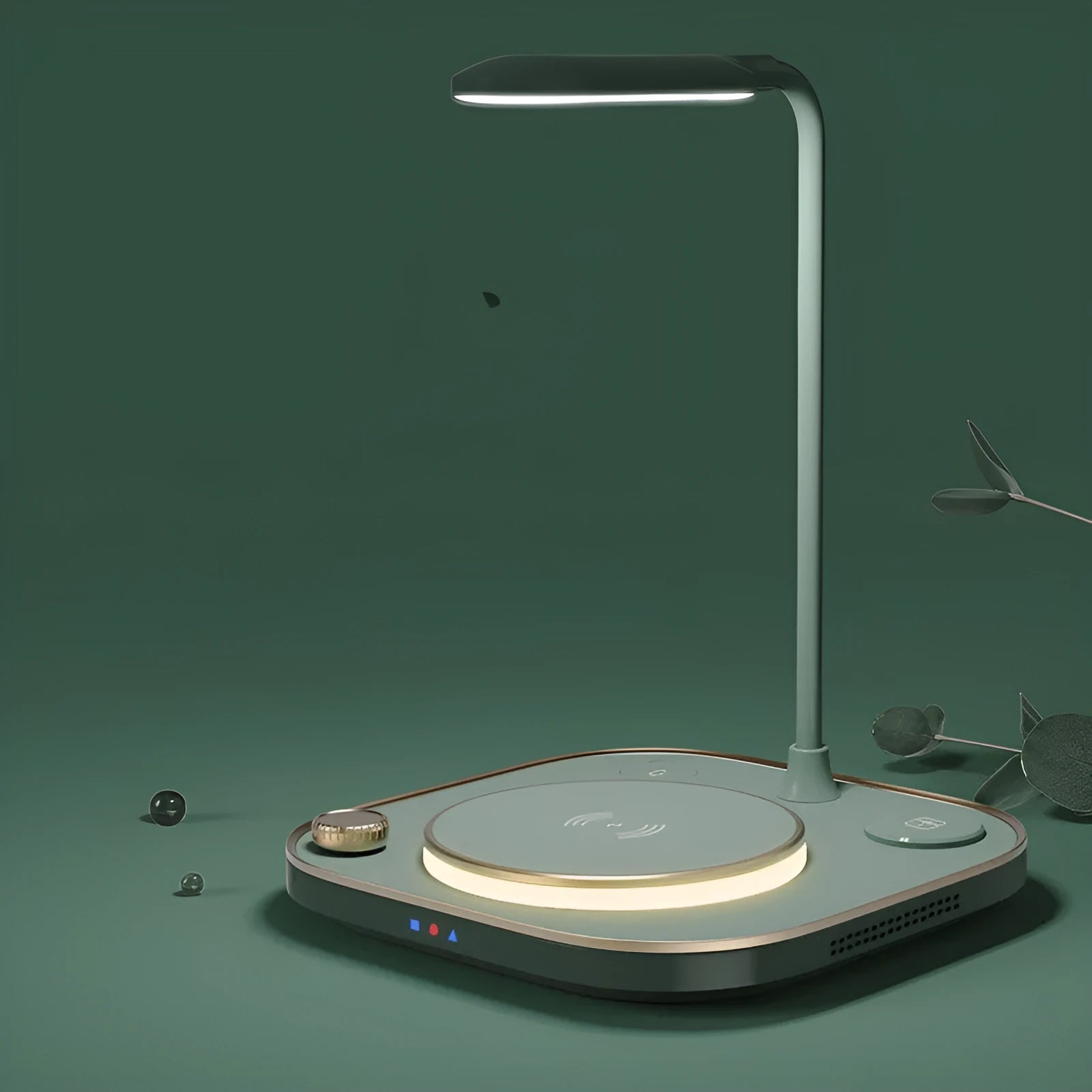 Three-in-one wireless magnetic charger with 15W fast charging and optional desk lamp in black, green, or white