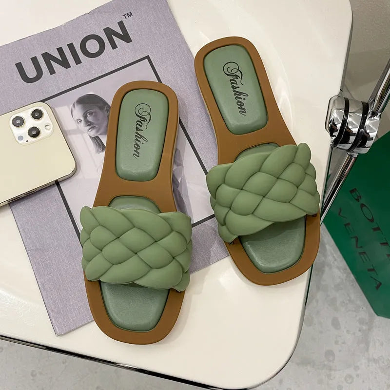 Women's plaid pattern PVC beach sandals with a thick anti-skid sole in black, green, orange, or white.