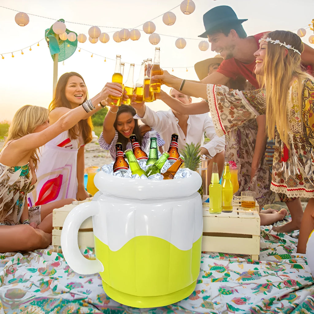 Yellow inflatable PVC ice bucket for holding drinks and ice at outdoor events.