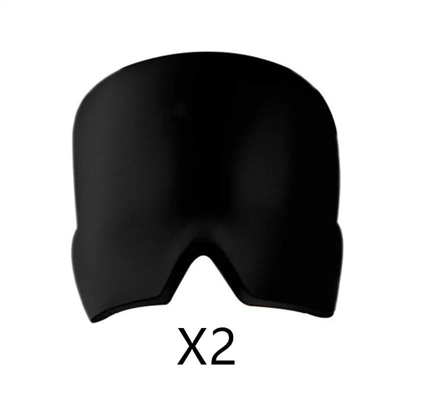 Black elastic cloth gel cold therapy eye mask for headache relief on grey background.