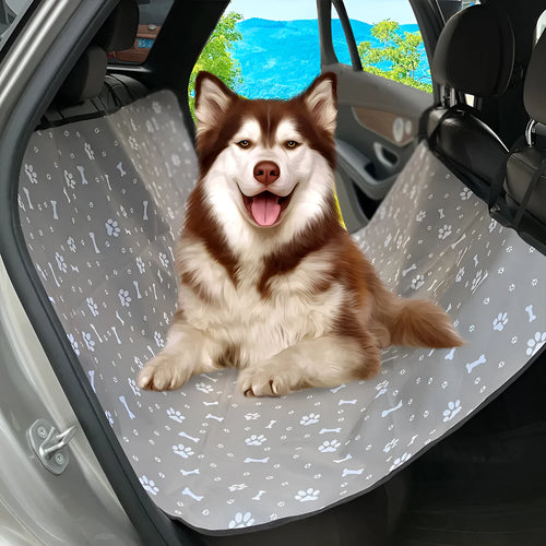 Waterproof car rear seat pet mat with non-slip backing in grey with dog footprint pattern