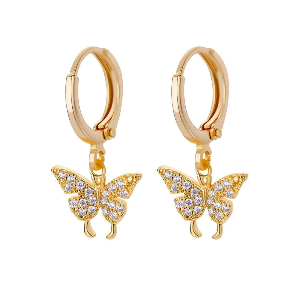 Geometric butterfly earrings for women in copper alloy with heart, bow, and star shapes.