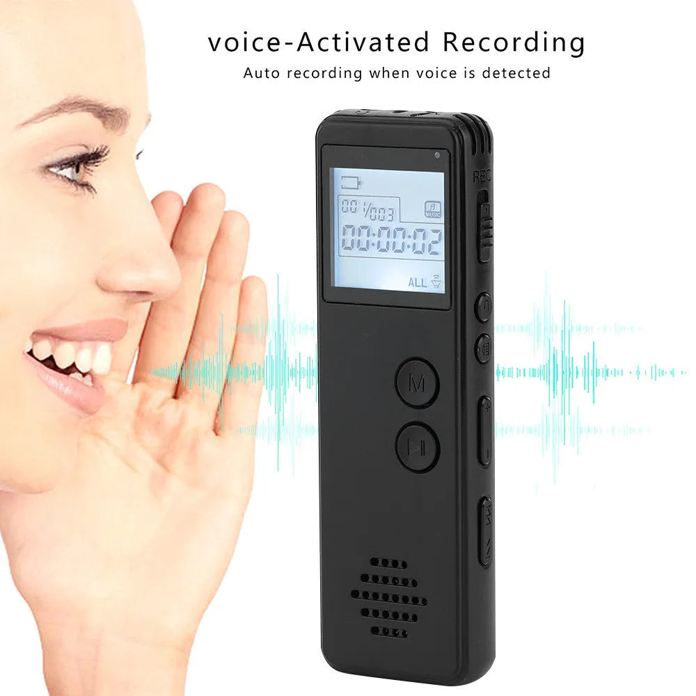 Black digital voice recorder with screen, one-key recording, and USB port for memory expansion.