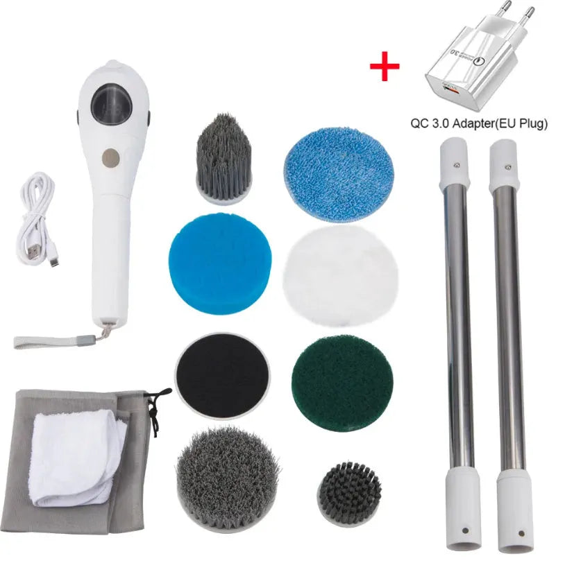 White lithium rechargeable handheld cleaning ball with brush and accessories on a white background.