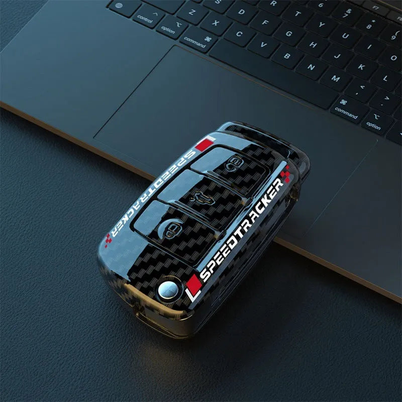 Carbon fibre style car key cover with mirrored finish in carbon pattern and white colour options