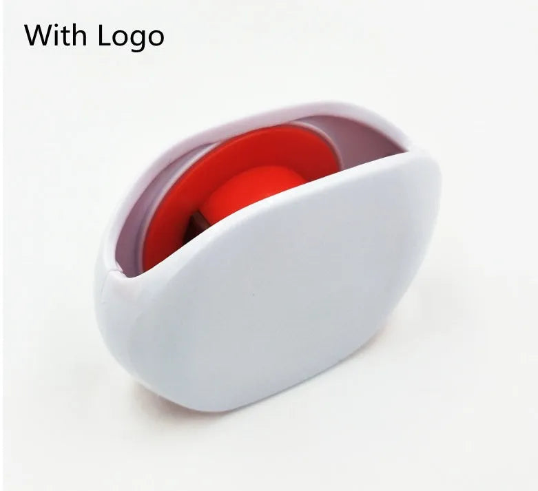 Automatic push-button earphone cable winder reel in assorted colours on a white background.