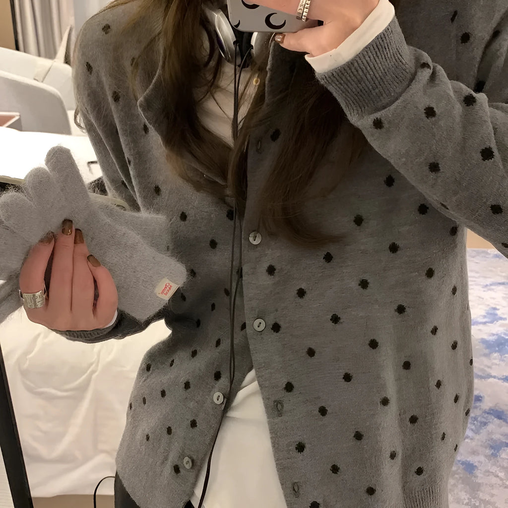 Women's grey dot crochet knitted cardigan with long sleeves and loose fit