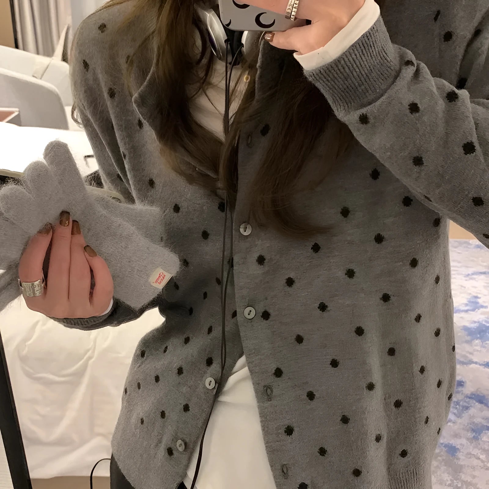 Women's grey dot crochet knitted cardigan with long sleeves and loose fit