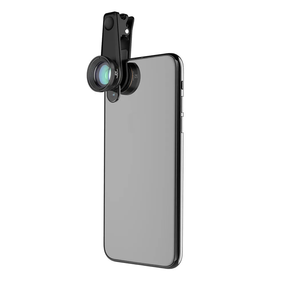 Black 6-in-1 smartphone camera lens kit with fisheye, macro, wide-angle, telephoto, CPL, and star filter lenses and a universal clip.