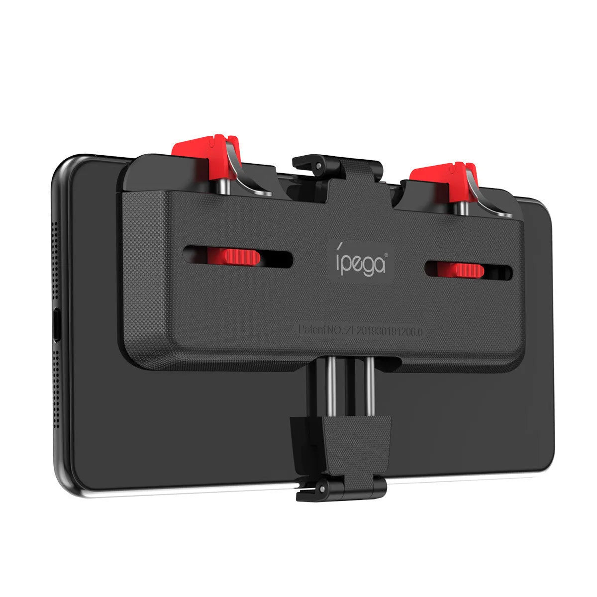 Black mobile phone gaming trigger bracket with adjustable clamp and metal trigger mechanism
