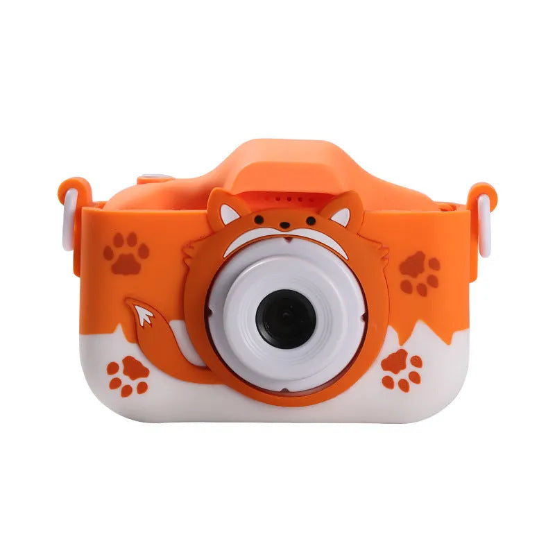 HD cartoon digital camera for children in blue or orange, shown with lanyard.