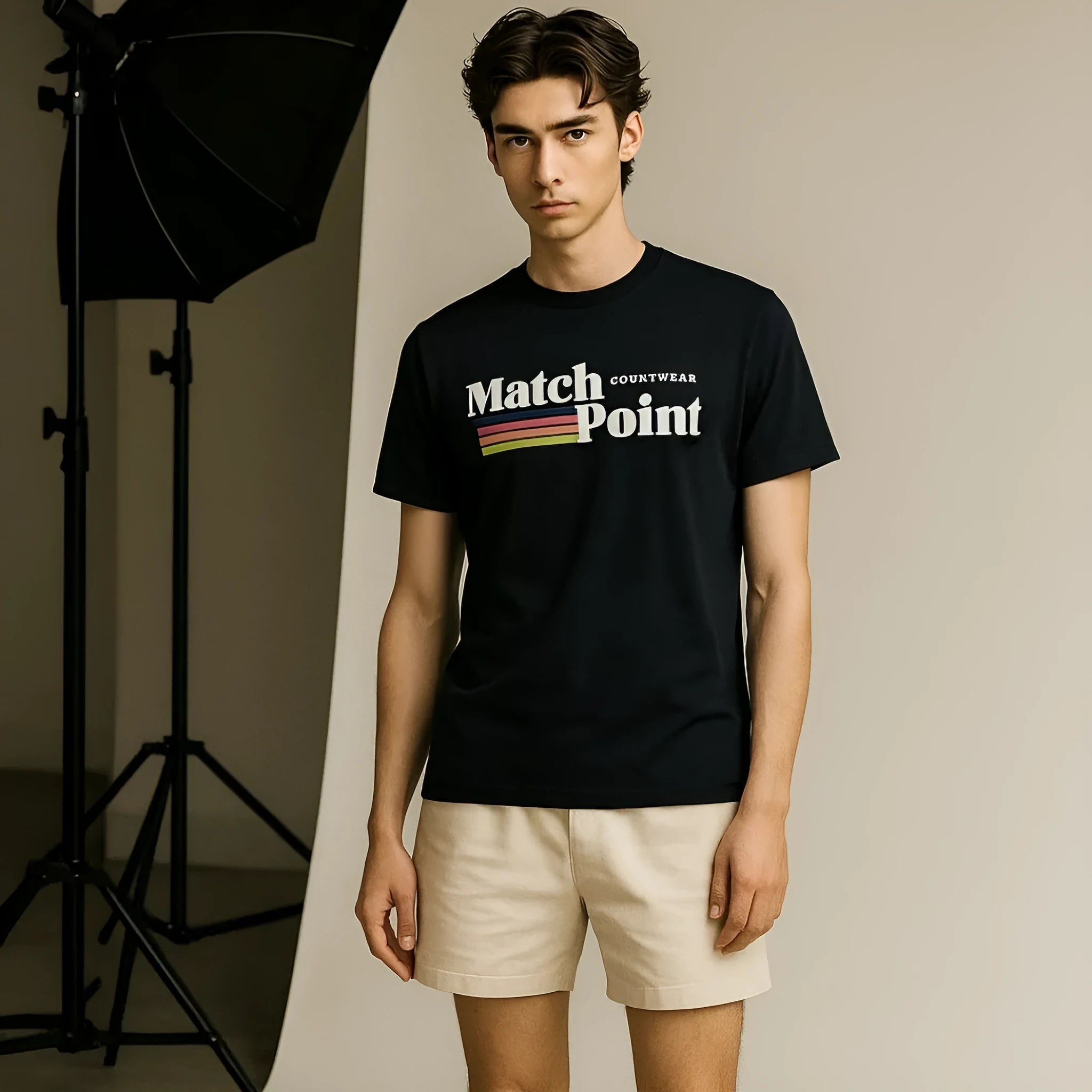 Men's black polyester t-shirt with 3D digital printed pattern, round neck and short sleeves