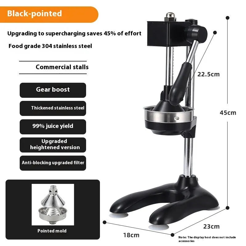 Vertical stainless steel manual juicer on zinc alloy base, showing colour and head style options.