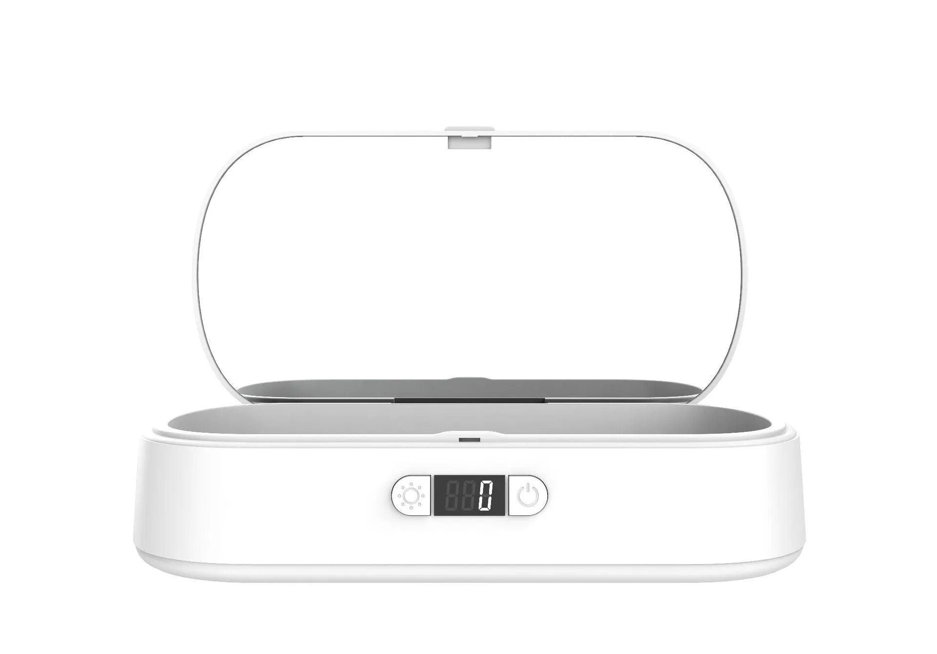 White ABS UV steriliser box with wireless charging for phones and jewellery on a plain background.