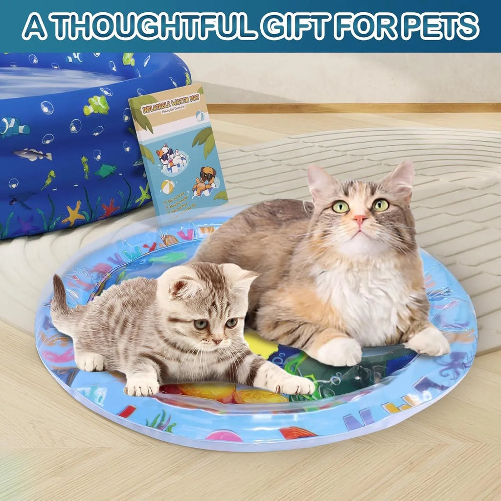 100cm square PVC water sensory playmat for cats with ocean fish design and floating toys