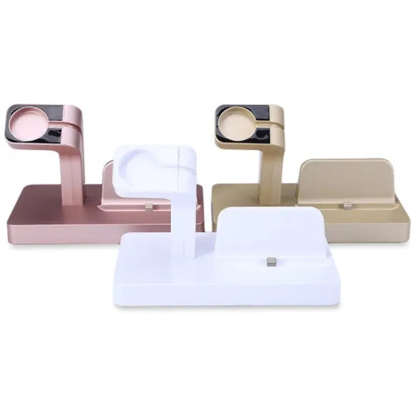 White charging dock station holding iPhone and Apple Watch for simultaneous desktop charging