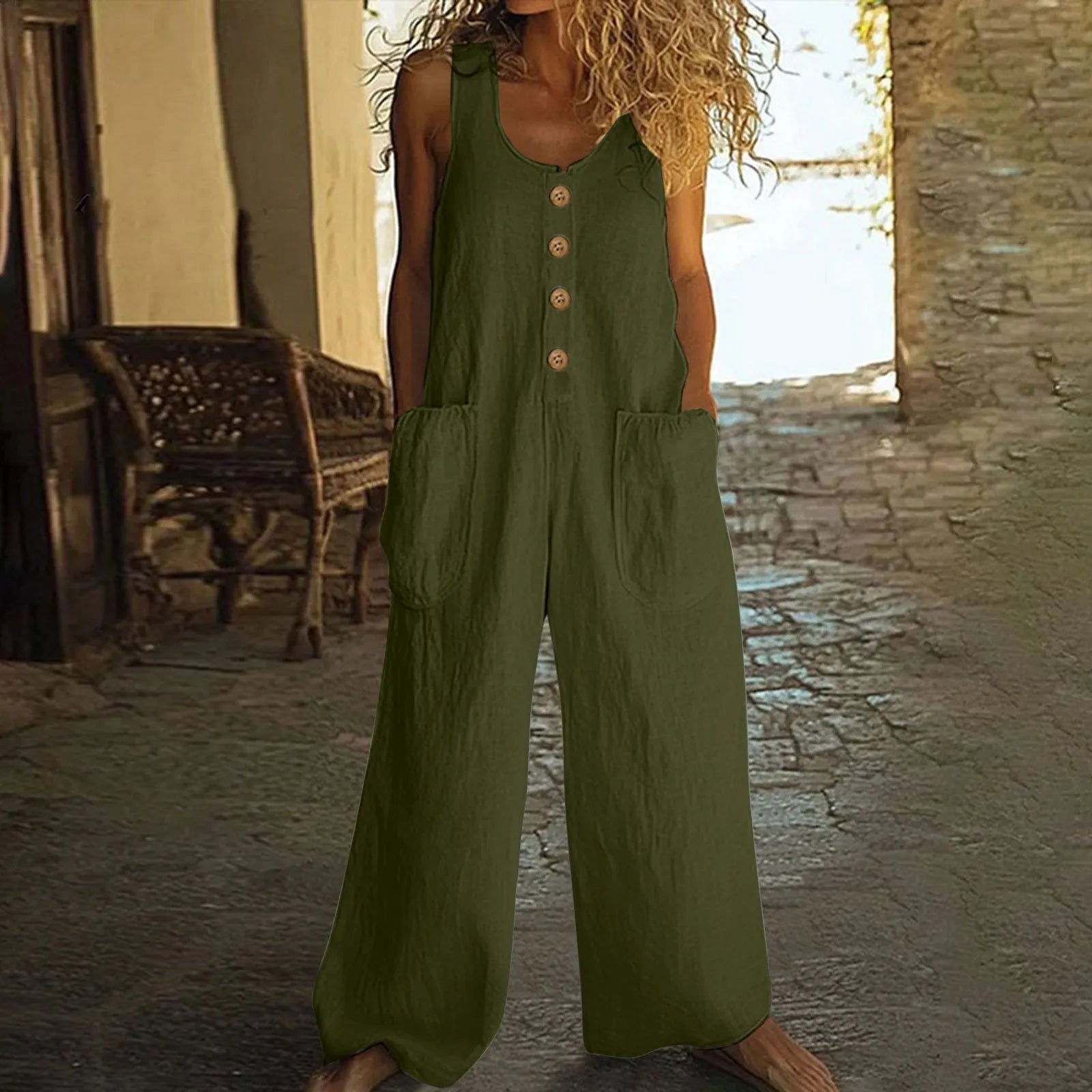 Sleeveless cotton jumpsuit with wide leg trousers in art retro styling with pocket details