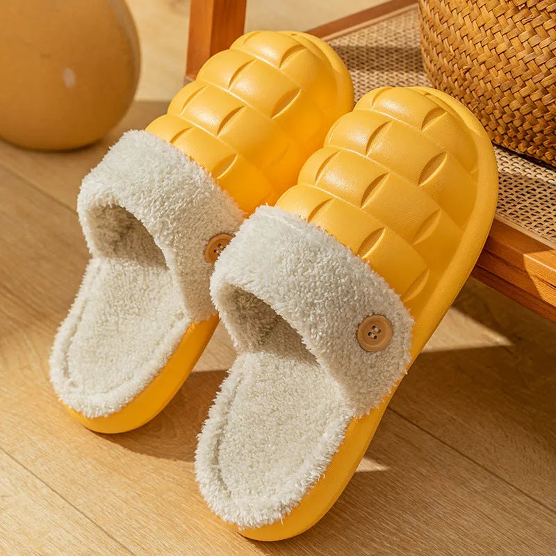 Women's EVA plush house slippers with detachable sleeves in pink, showing slip-on and overshoe wearing modes