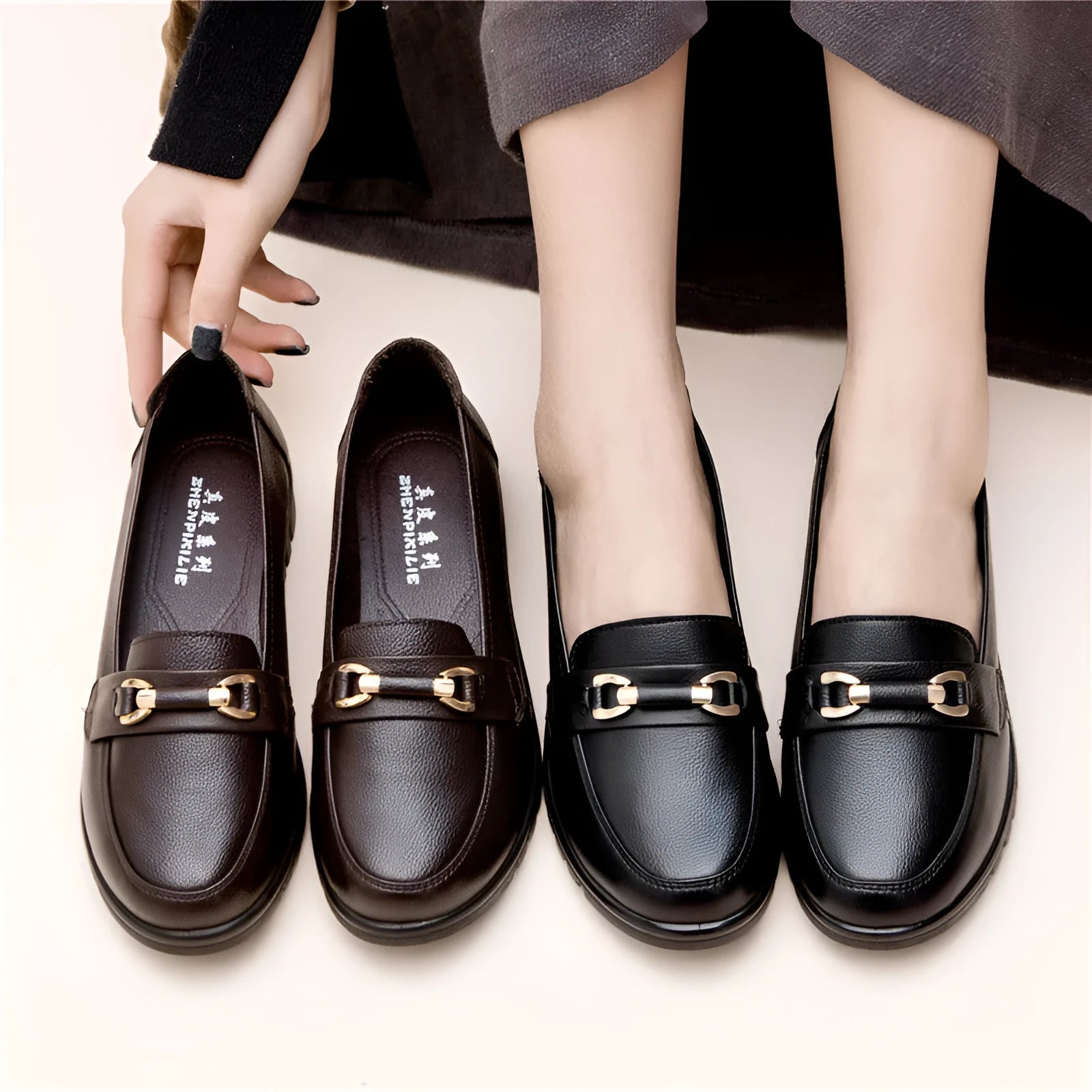 Black women's microfiber slip-on pumps with round toes and low flat heels on rubber soles