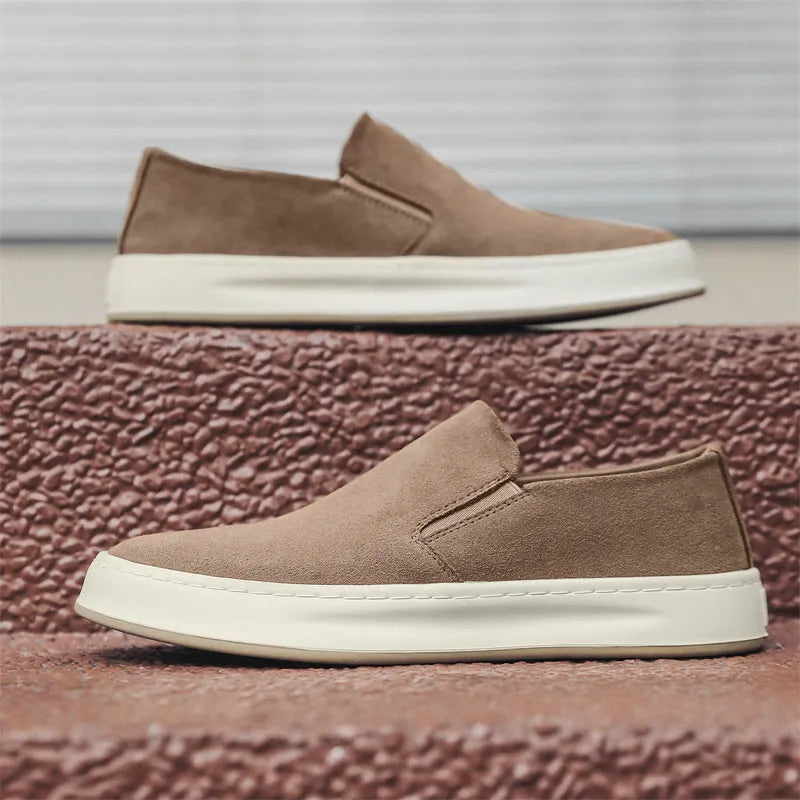 Men's grey and apricot casual shoes with round toe, PU leather upper and rubber sole