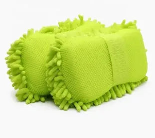 Silver green car wash sponge block measuring 14cm by 25cm with microfiber chenille construction