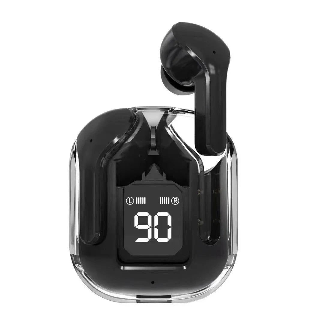 True wireless Bluetooth earphones with transparent space capsule charging case showing digital display screen