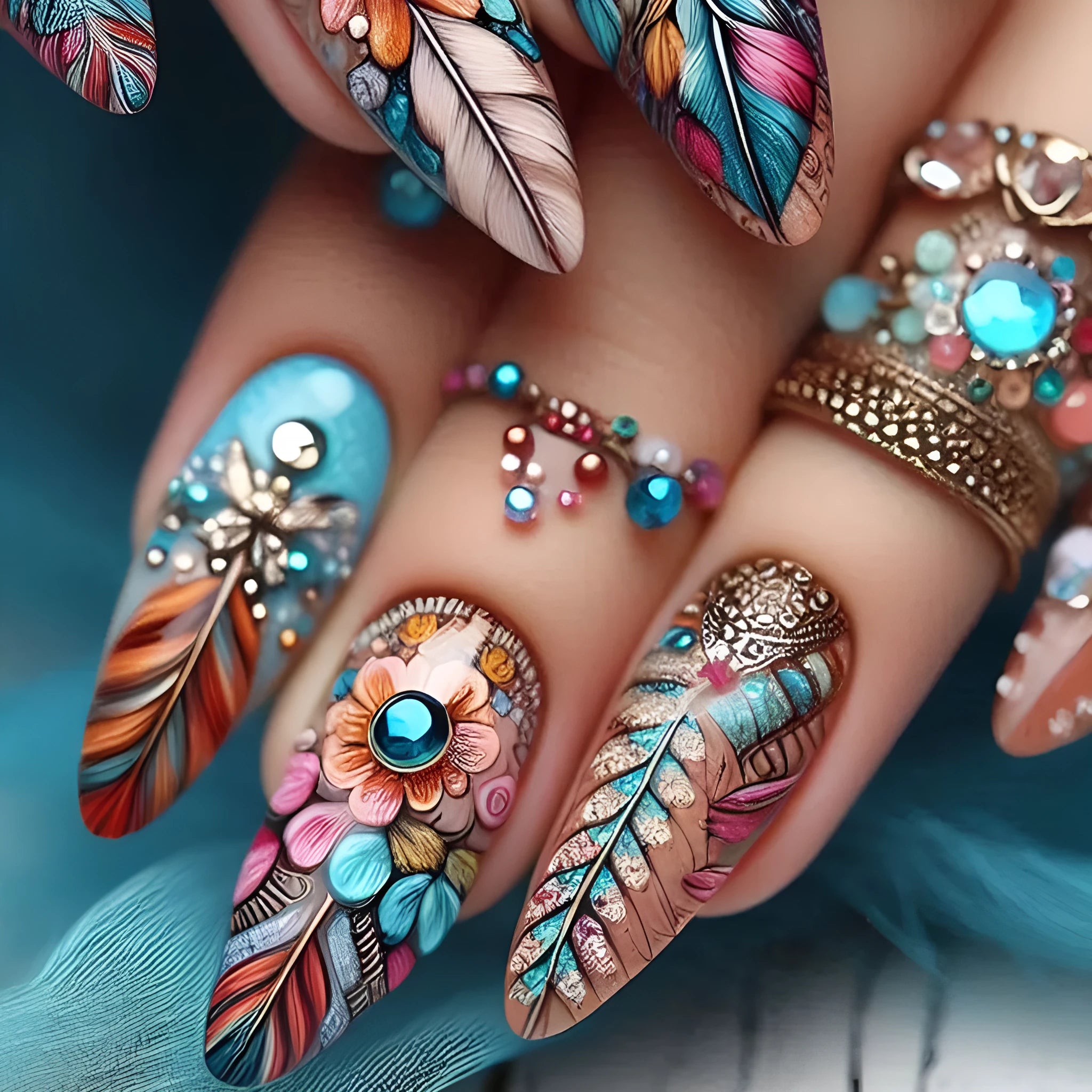 Colourful retro feather design nail art armour plates with cartoon, heart, and butterfly patterns.