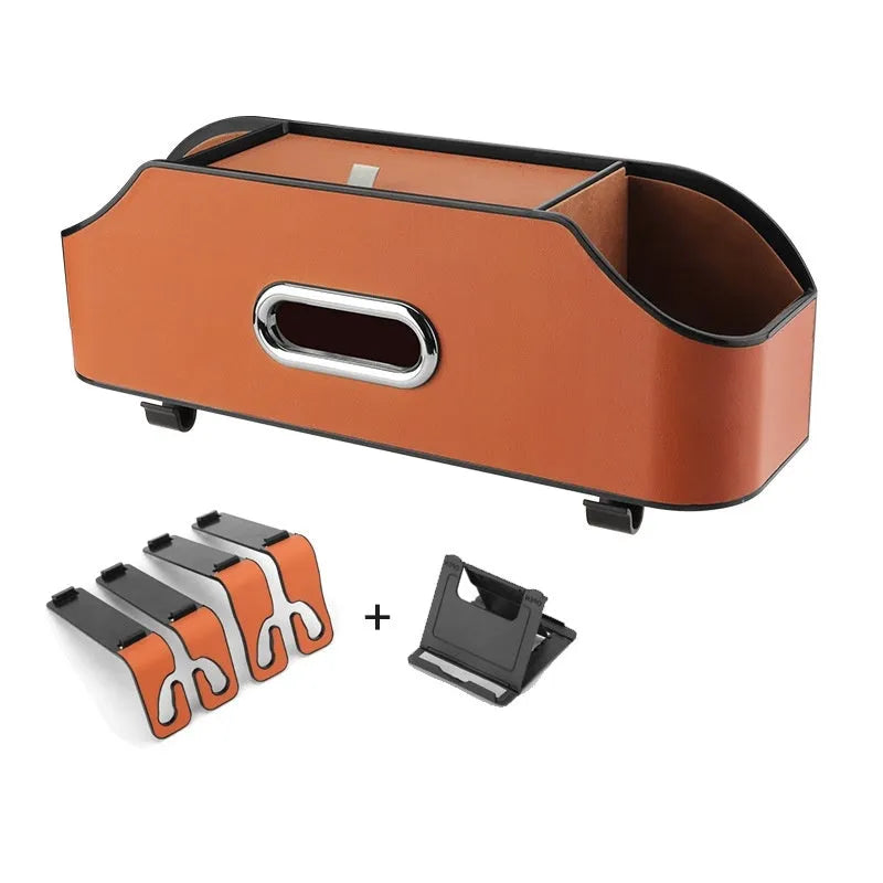 Genuine leather car tissue box holder with cup holder and buggy storage compartments