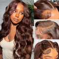 Long dark brown curly synthetic wig with side bangs on a mannequin head, showing front lace construction.