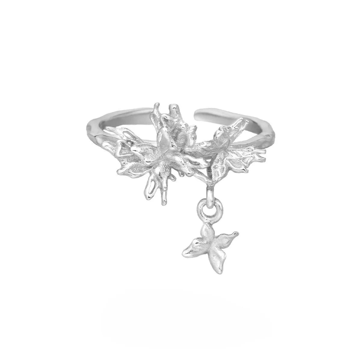 Adjustable silver butterfly ring for women in white gold or 18K gold electroplated finish.