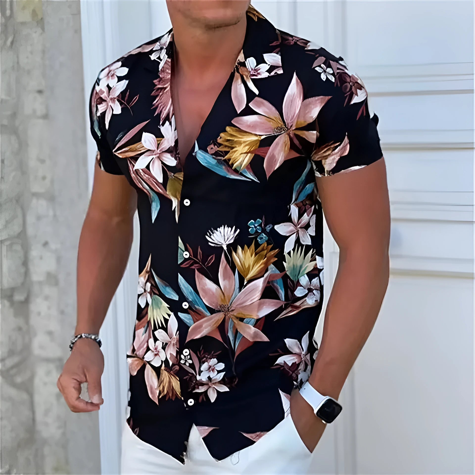 Men's floral printed short sleeve beach shirt in loose cardigan style