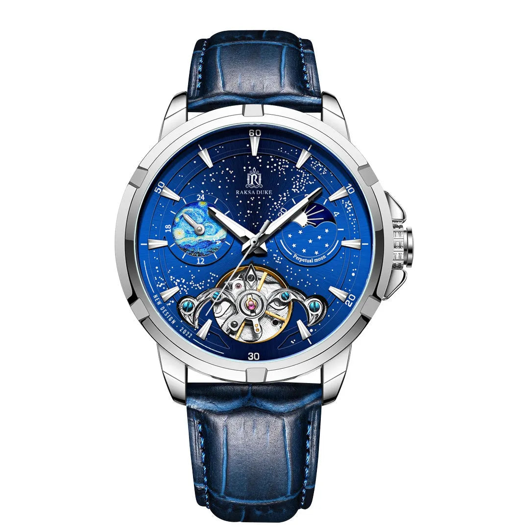 Men's automatic mechanical watch with blue dial and transparent case back