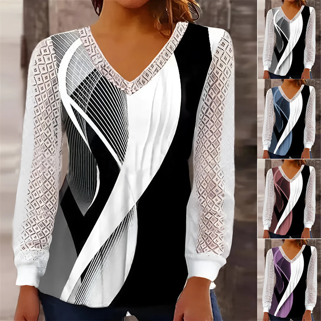 Women's loose v-neck top with hollow-out lace print in purple colour