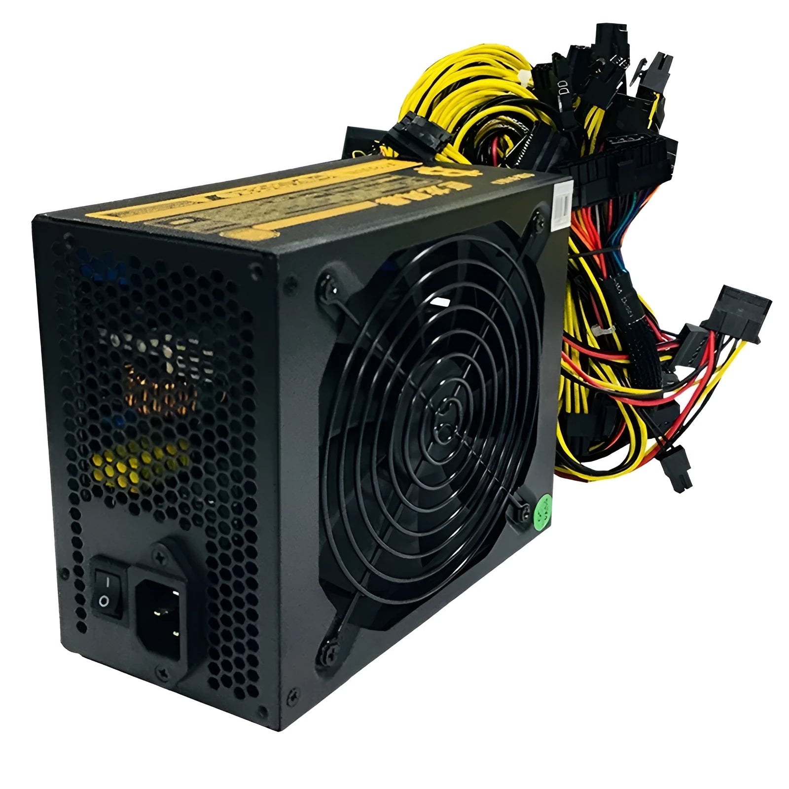 Black server power supply unit with multiple cable connectors including twelve 6+2 pin graphics card ports.
