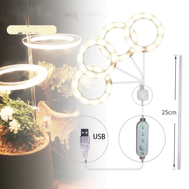 USB-powered LED plant grow light with full spectrum yellow LEDs, acrylic mounting stick, in pink/white colour.
