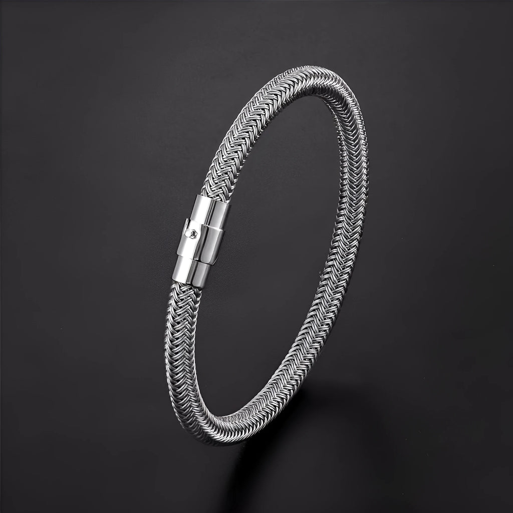 Titanium steel geometric wire bracelet with a magnetic clasp shown in various sizes.