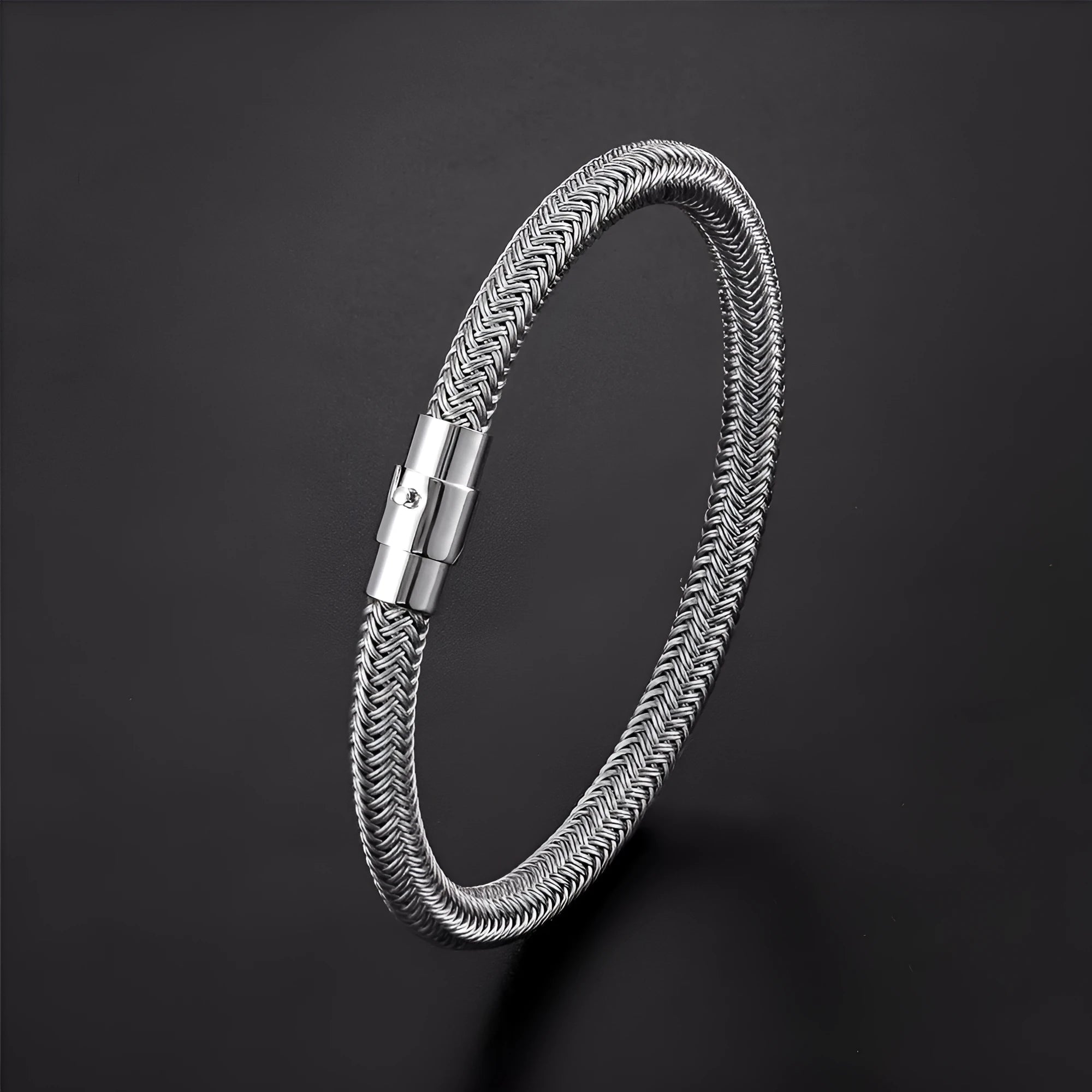 Titanium steel geometric wire bracelet with a magnetic clasp shown in various sizes.