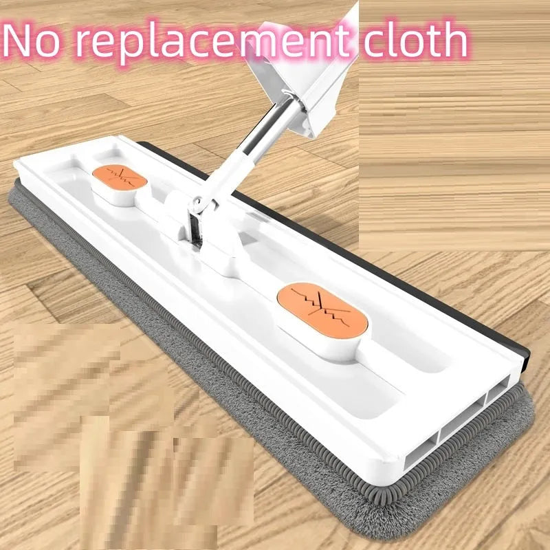 Large flat mop with long stainless steel handle and blue cleaning cloth on a hard floor.