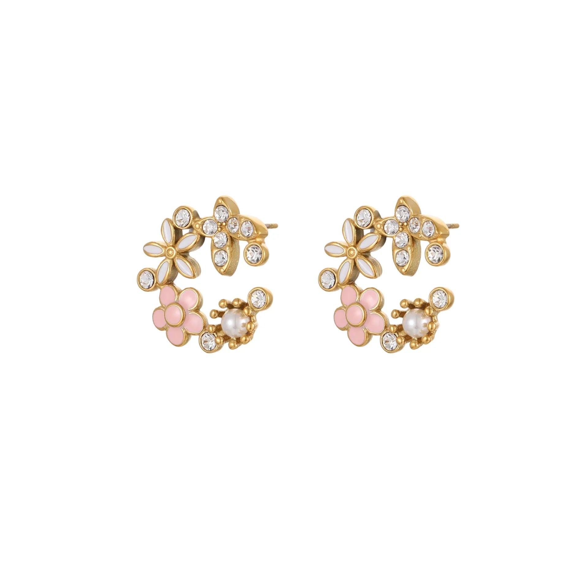 Flower-shaped stud earrings with colourful oil accents and petal elements on 18K gold electroplated stainless steel