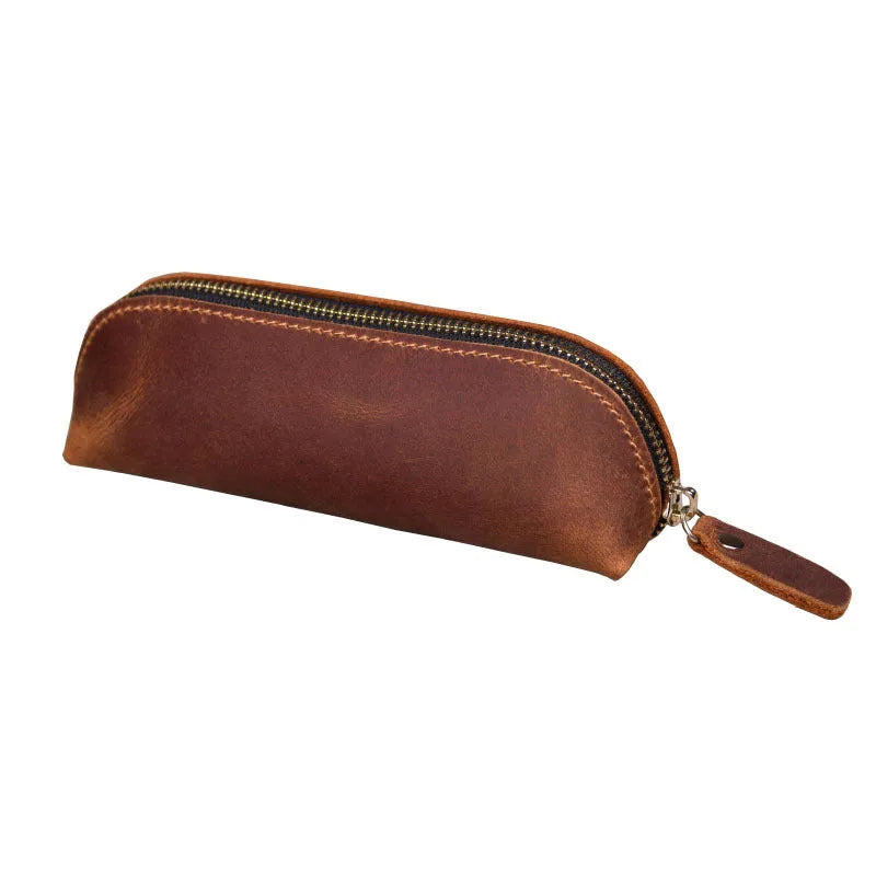 Genuine cowhide leather pencil case with square 18cm x 6cm dimensions and zipper closure