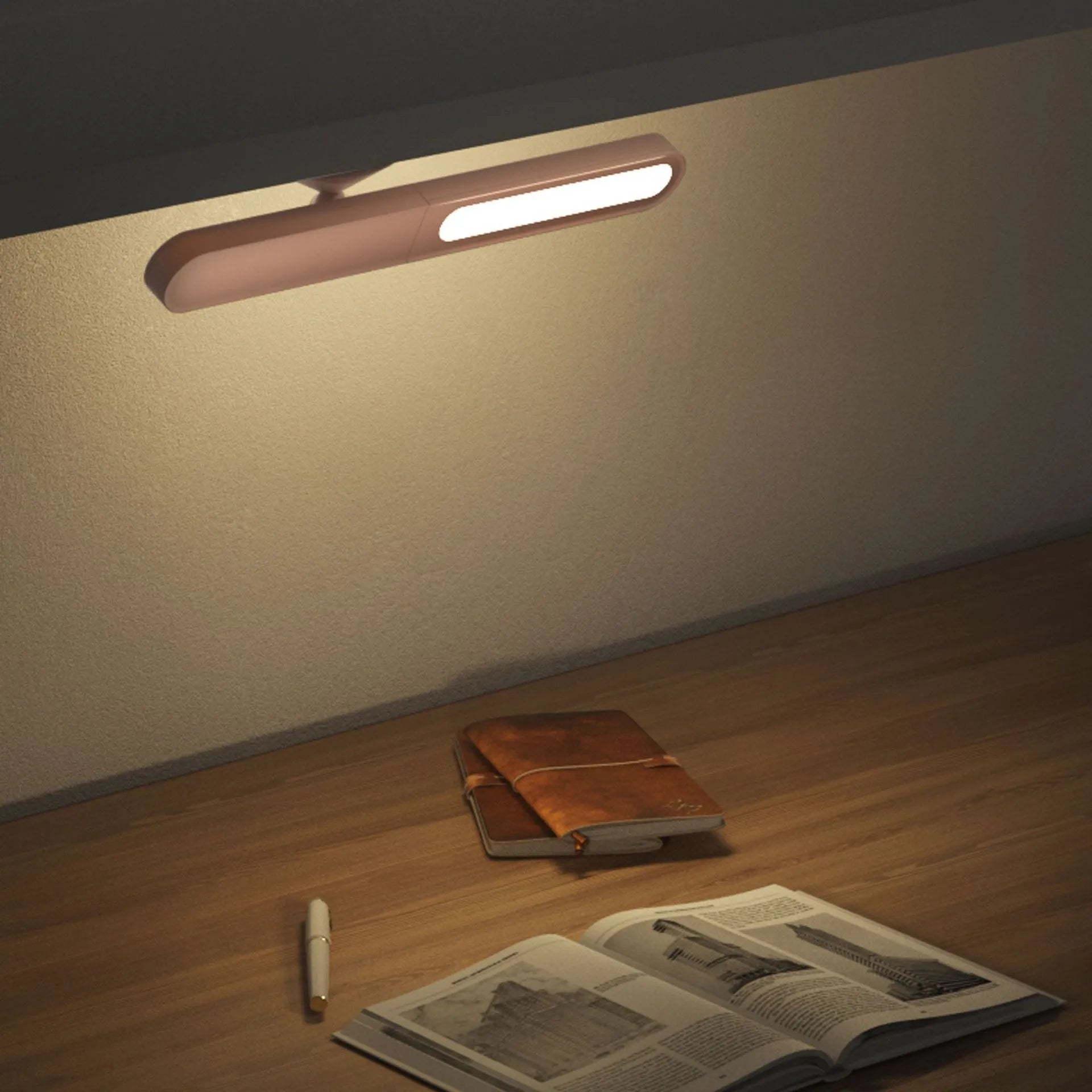 Geometric wireless table lamp with magnetic base in white colour showing touch controls