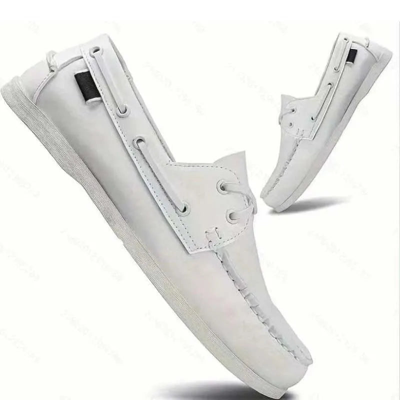 Men's British-style casual shoes with artificial PU uppers in black, white, blue brown, and black and white colour options.