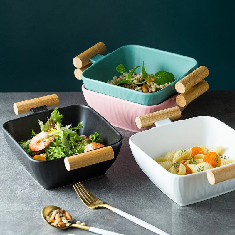 Ceramic serving bowl with irregular modern shape and matching lid in various colour options