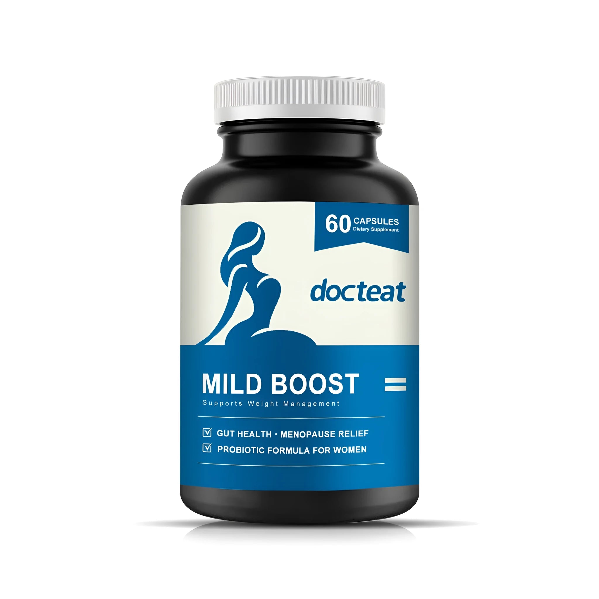 Bottle of 60-count dietary supplement capsules with probiotic, turmeric, and moringa.
