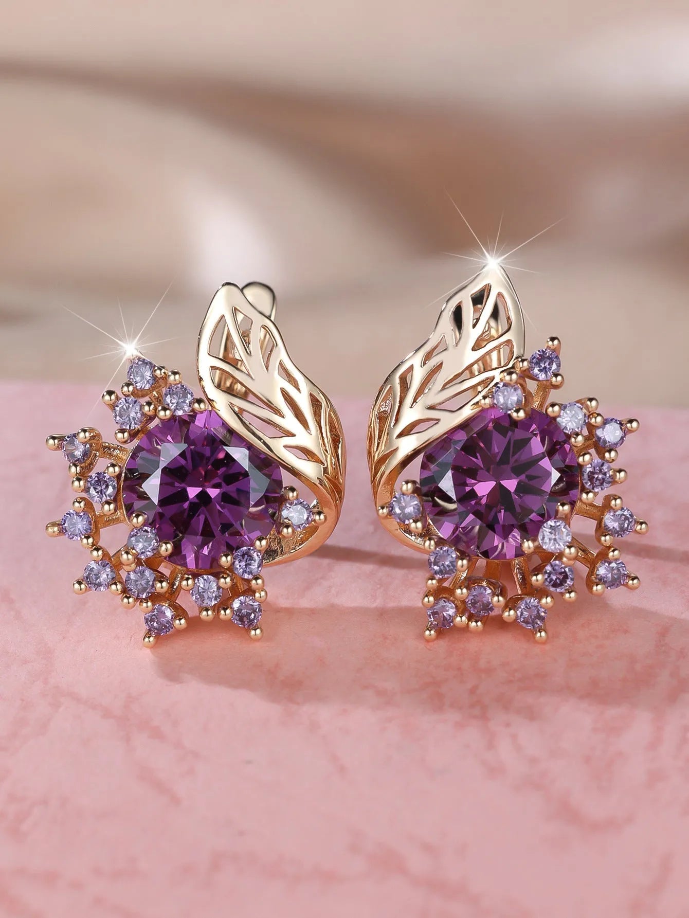 Round flower feather zircon drop earrings in champagne gold with six colour options