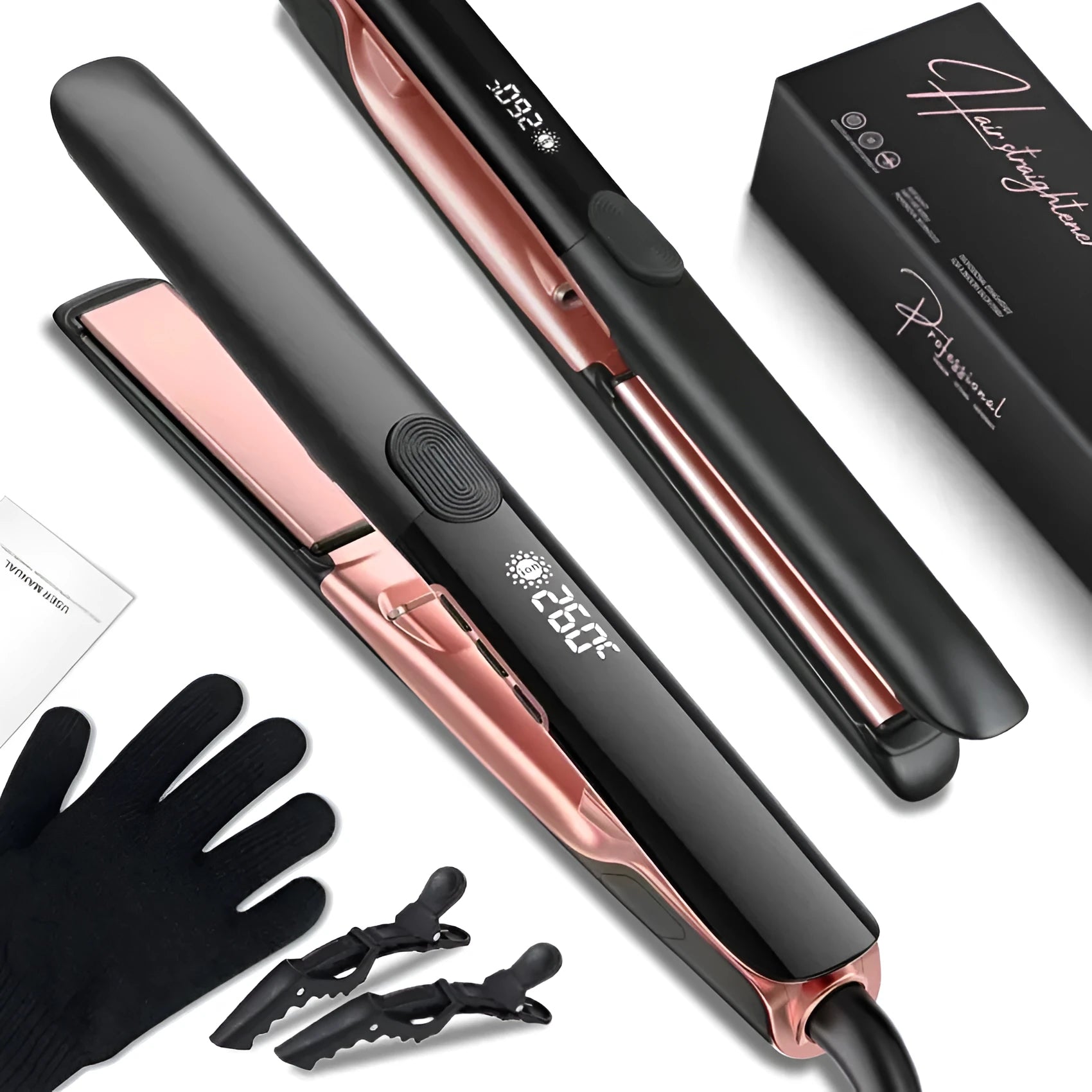 Hair straightener and curler with ceramic plates showing 207°C display and EU plug