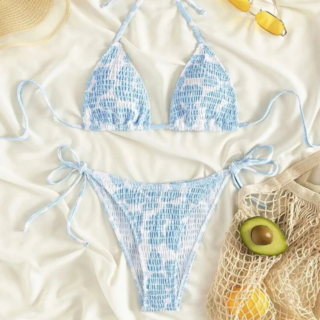 Women's halter neck swimsuit with floral briefs in light blue colour