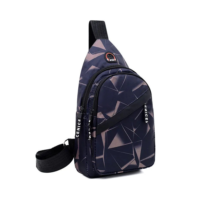Men's Oxford cloth sling chest bag with earphone hole showing crossbody strap and zipper closure