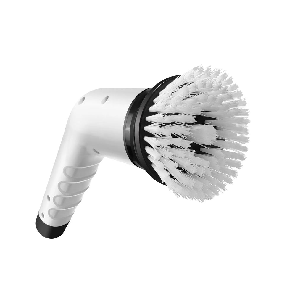 White lithium rechargeable handheld cleaning ball with brush and accessories on a white background.