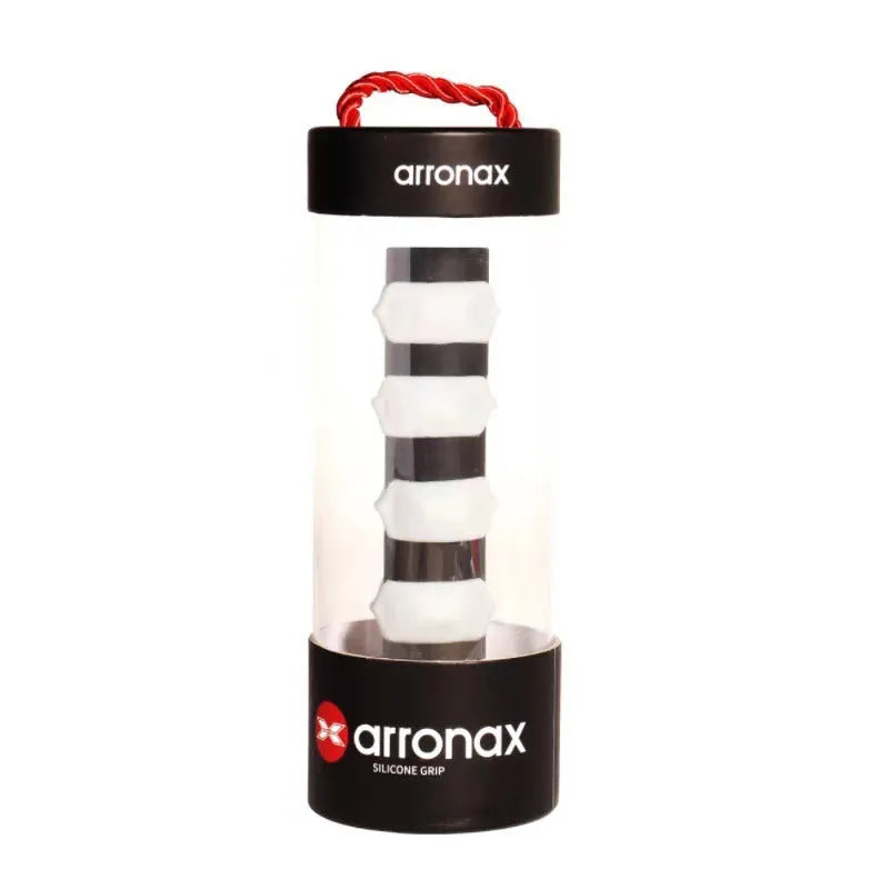 Silicone racket hand rubber buckle accessory shown in multiple colours next to a tennis racket.